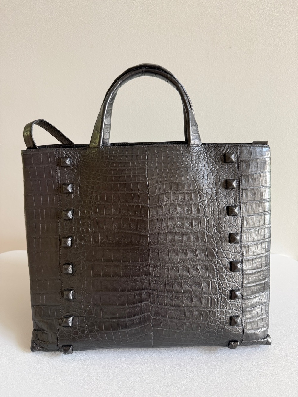 NANCY GONZALEZ Genuine Crocodile Stud Tote Shoulder Bag Handbag, Gray